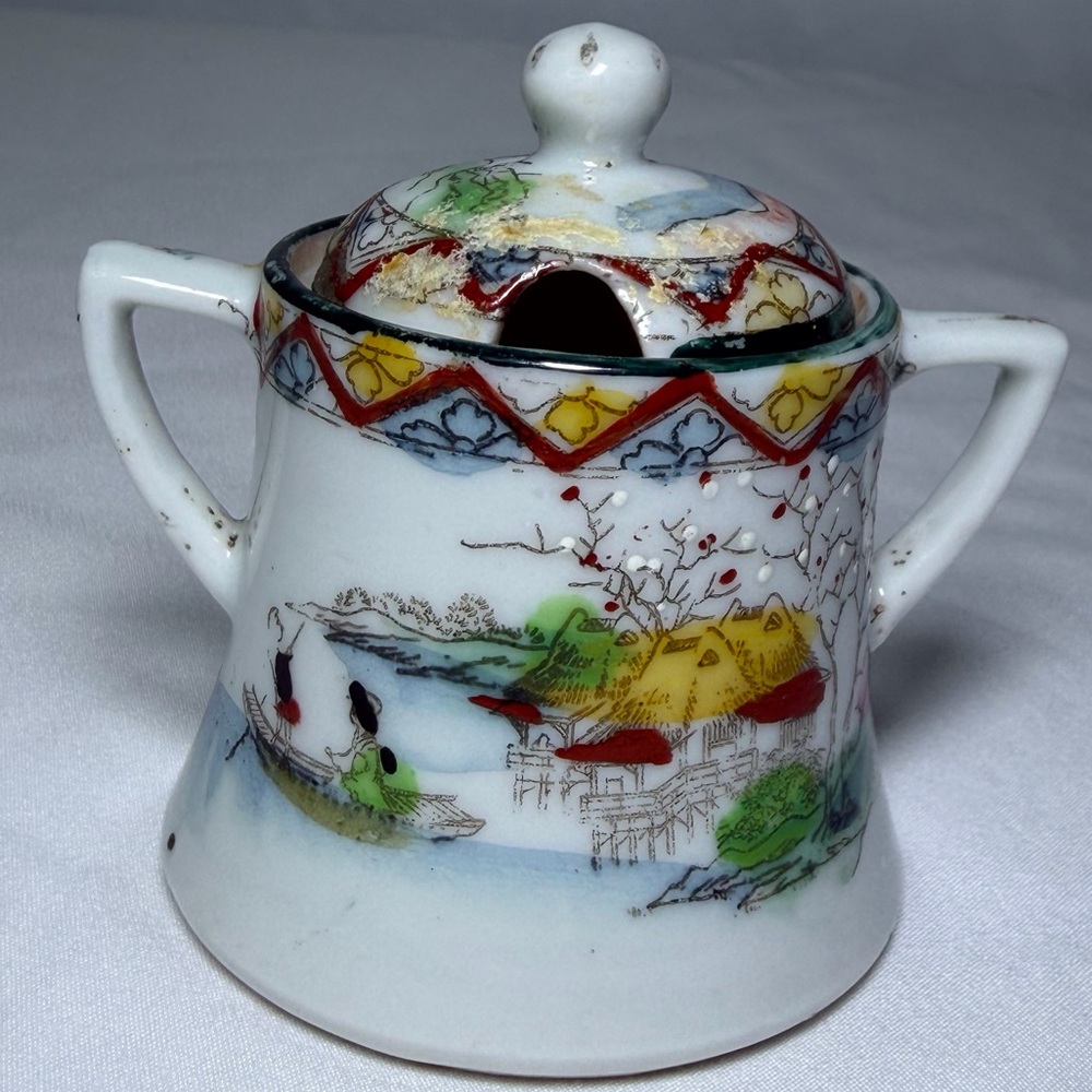 Antique Porcelain Nippon Mini Sugar Bowl Hand-Painted Japanese Scenic Geisha Art